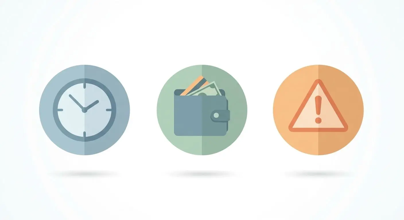 Iconos minimalistas de tiempo, dinero y alerta