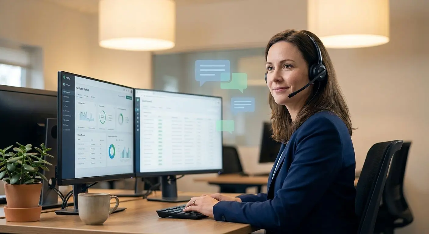 Agente de soporte con auriculares atendiendo consultas por chat