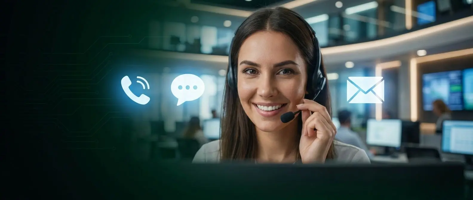 Operador de soporte de Bwin con iconos de teléfono, chat y email en fondo oscuro