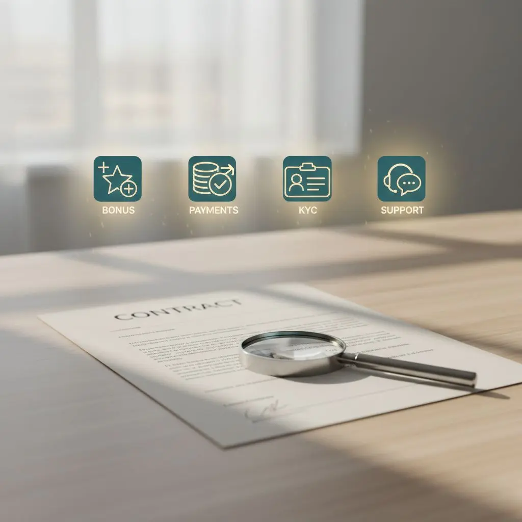 Banner con documento de términos, lupa e iconos de bonos, pagos, KYC y soporte