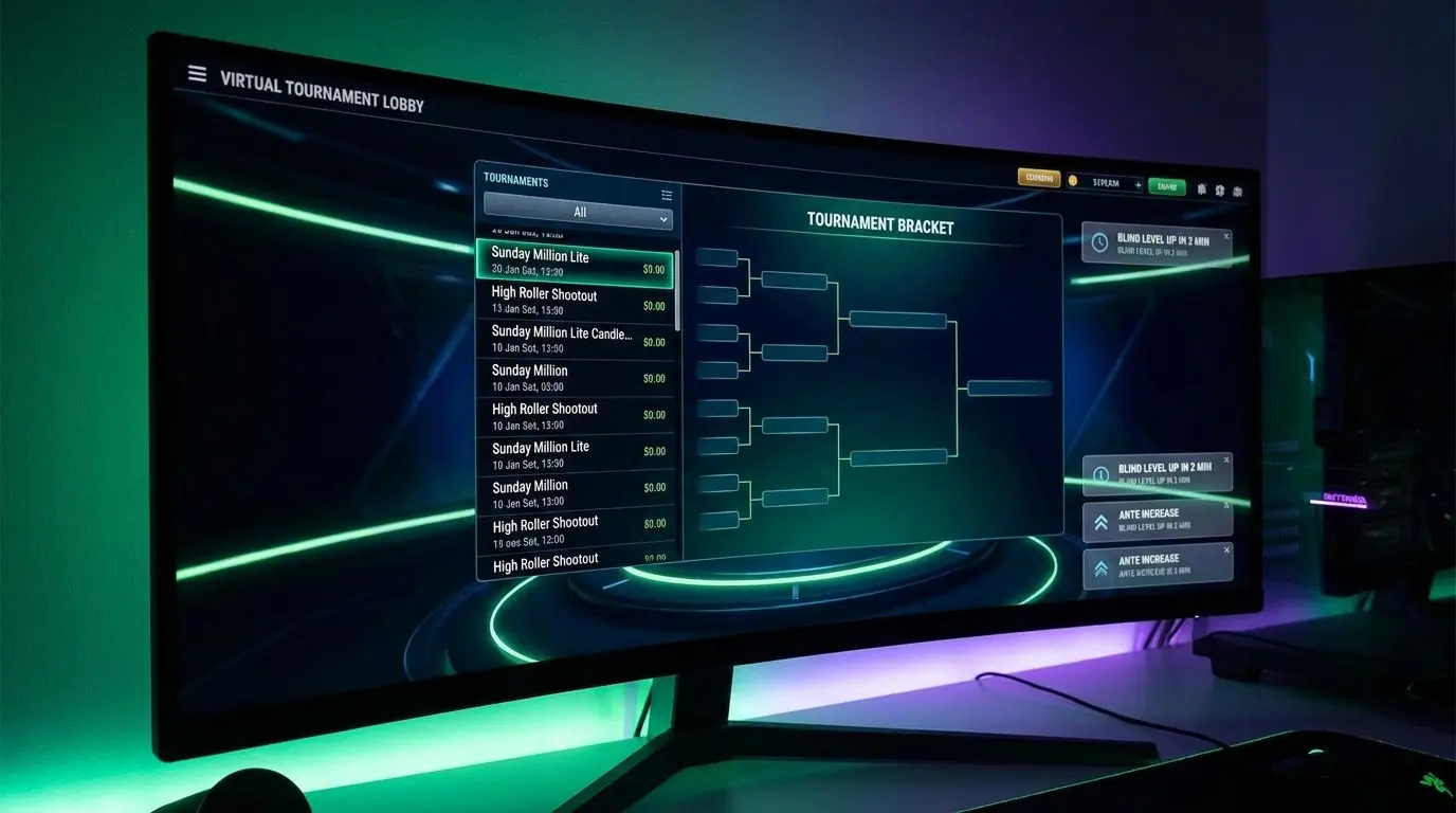 Lobby de torneo de poker online con lista de eventos y niveles de ciegas