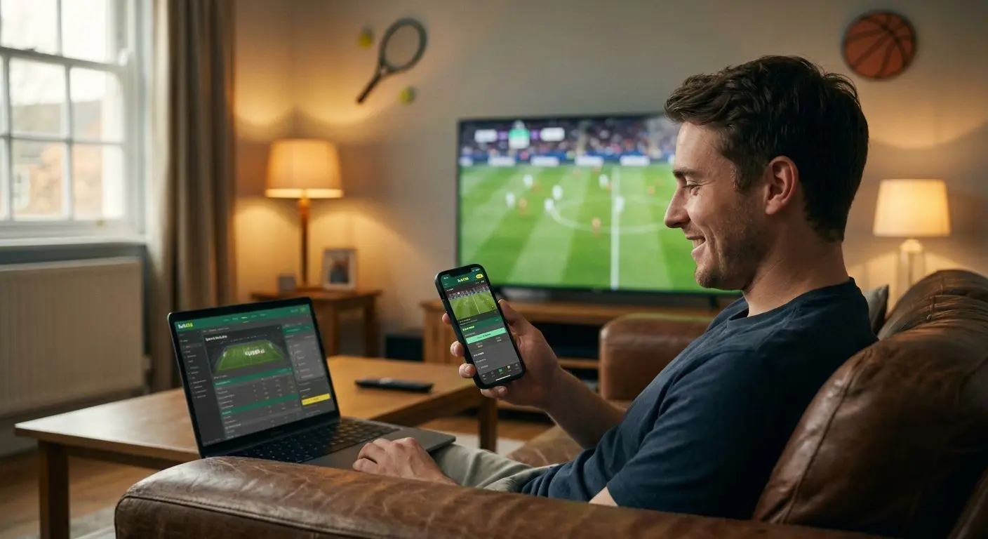 Usuario consulta apuestas deportivas en su smartphone mientras ve un partido