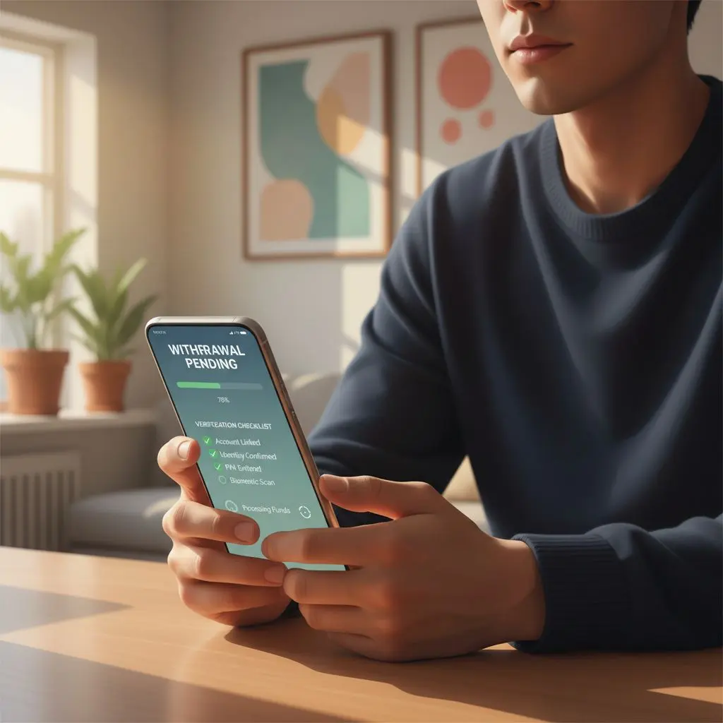 Usuario revisando KYC y estado de retirada en el móvil